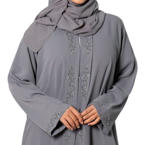 Abaya élégante grise avec détails brodés